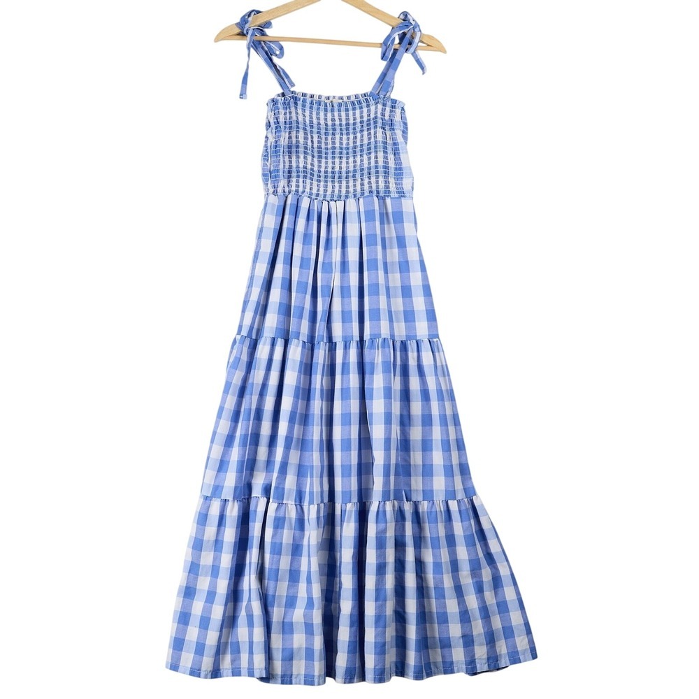 if‎ She loves Blue Gingham Smocked Tiered Maxi Dress Small ISD1110D Tie Shoulder